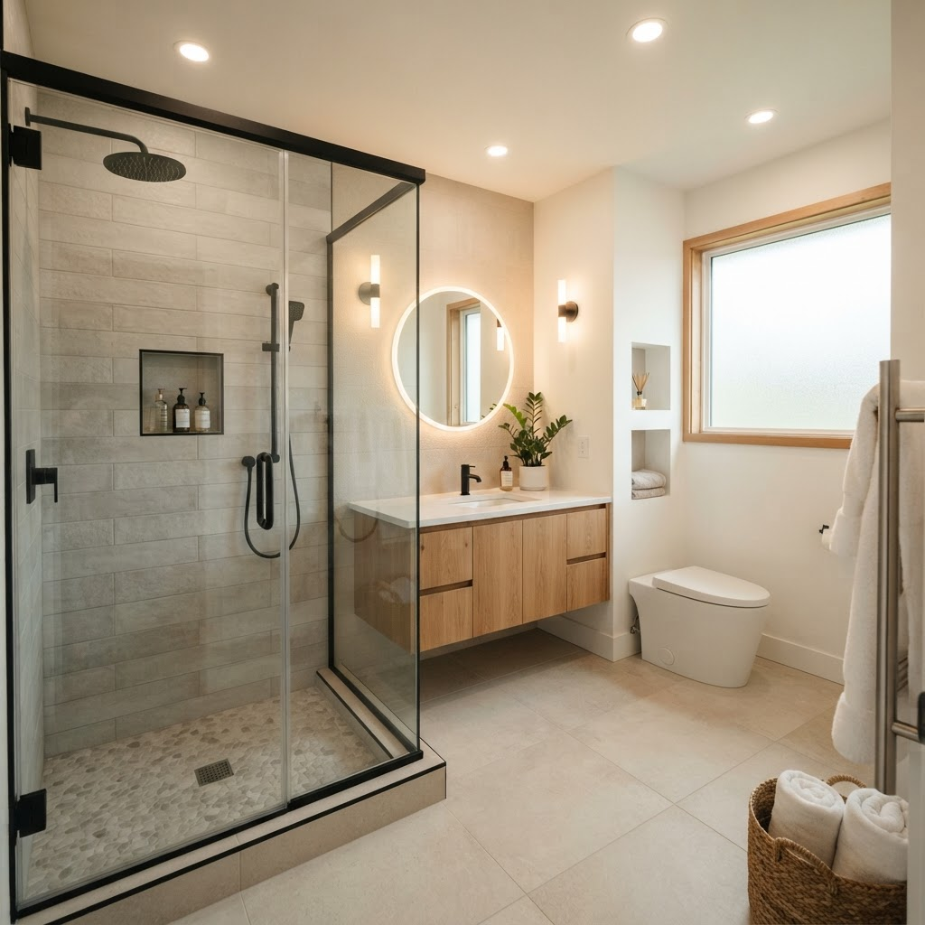Remodeled modern bathroom with walk-in glass shower