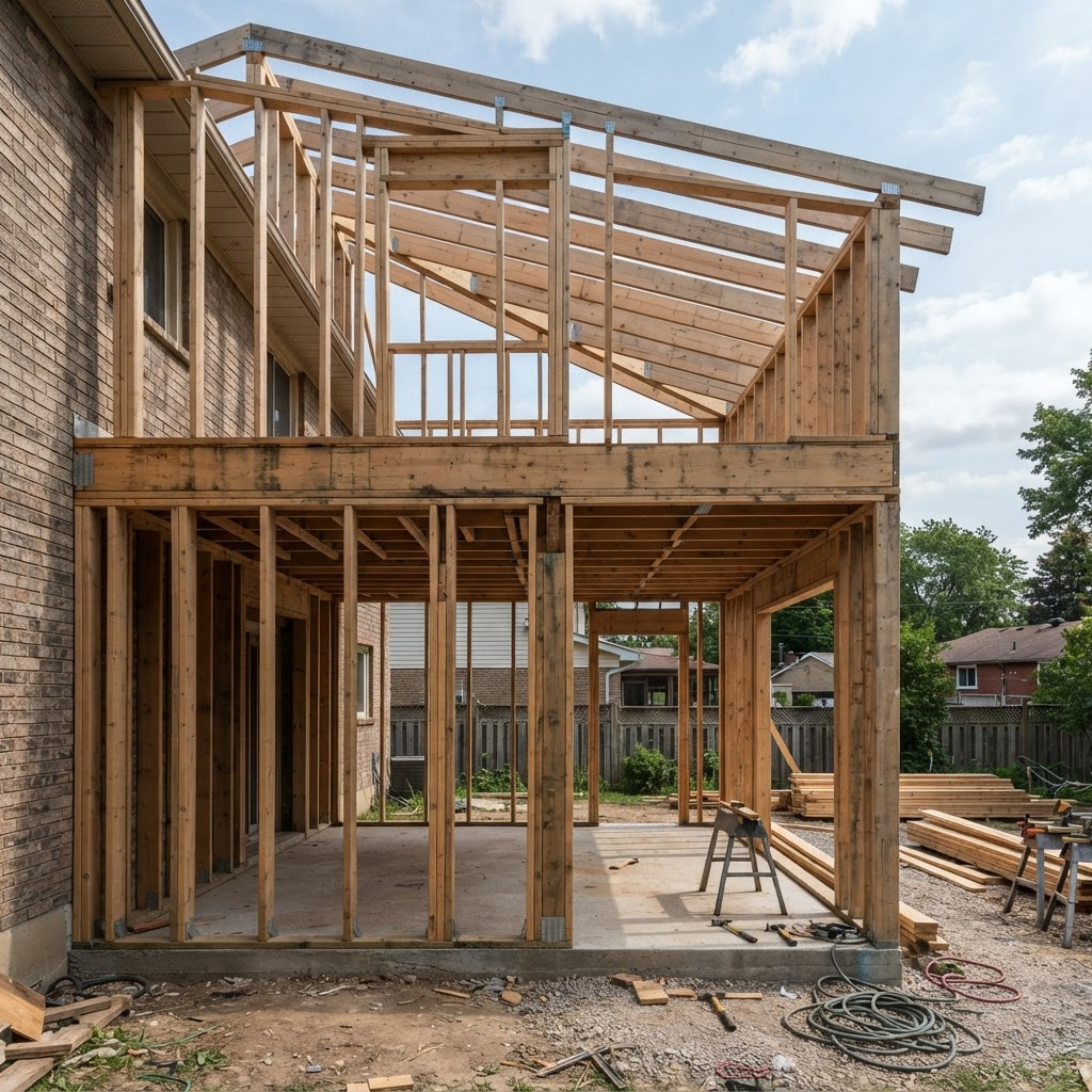 Wooden framing structure of a residential home addition