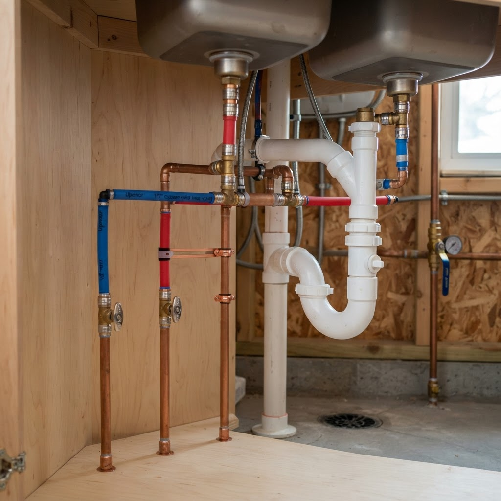 New residential plumbing installation with clean pipe work