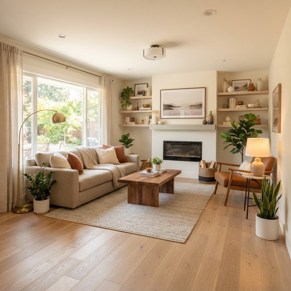 Fully renovated residential living room with modern finishes