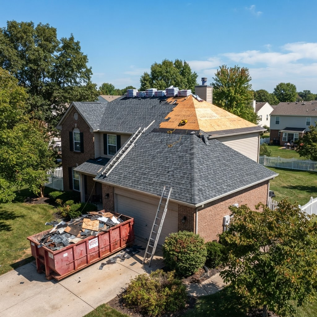 Residential roof replacement with new asphalt shingles